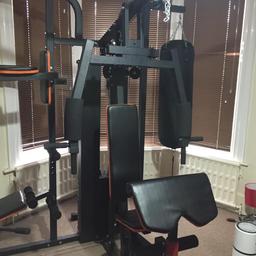 Weights machine multi gym.

4 stations in one inc punch bag, bench press, leg extension, leg press, lat pulldown, pull up, and incline board.

Instruction manual included.
Note: picture on instruction manual doesn't include the leg press machine.

Is fully assembled. Will need to be undone and taken away. We can help with taking apart.

100kg weights included.

Pick up only.
Located in SW17