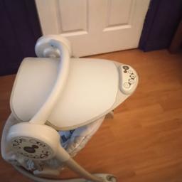 Battery operated baby swing chair diffent modes on keypad. Inside canopy lights up with different sequences plays sounds to help baby fall to sleep. Needs battery's Very clean like new from a smoke free and pet free home still have box welcome to view