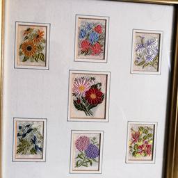 Kensita silk embroidered  cigarette cards lovely floral cards framed for display, nostalgic item cards are very vibrant and in great condition.