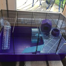 Large cage, condition: used. Comes with all accessories in picture, including food (all opened), bedding and hamster ball. Must collect.