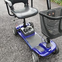 agulite will carry upto 18stone at 4mph. will break down, will fit in car boot
can also be taken on plane 
new batteries just fitted
can charge battery pack off scooter
with charger and basket
as new