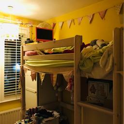 excellent used condition, no damage except 2 bits in pics. Ignore the state of the room

vertical ladder so great for space but a bit hairy if you're a nervous type for tiny ones

My girl's been in it since 4, she's now 10. It’s just 4 legs, the ladder and the top bed with rails, includes clean mattress as we used waterproof sheets

buyer to dismantle so you know how to reassemble

171 cm L x 84 cm D x 178 cm H perfect for the box room, extra narrow & extra short