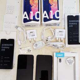 2 Samsung Galaxy A10 mobile in a box including.
2 original charger
2 original headphones
1 brand new in a sealed box case and screen protector.
32gb memory card.
both of the mobile are in excellent clean condition only qone of the mobile has slightly scratch at the bottom of the screen which is not noticeable when you are using the mobile also that doesn't have any effect on the useing of mobile. No return accepted 
PLEASE ONLY SERIOUS BUYER NO TIME WASTERS.