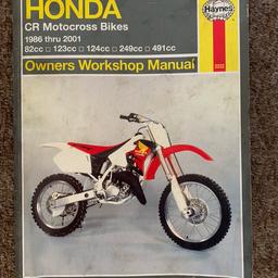 Haynes manual for Honda CR Motocross 

Covers from 1986 to 2001

Engines 
80cc, 125cc, 250cc and 500cc

The pages have discoloured overtime, corners are curled up slightly and grubby finger prints