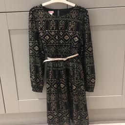 Storm Monsoon Dress 
Worn once 
Black with Gold Pattern 
Gold belt 
Lined 
Elasticated waist and sleeves 
Smoke free home 
Collection only