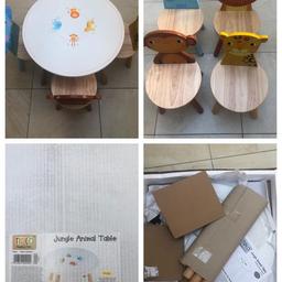 Wooden Tables and Chairs

1 x Table (RRP £54.99)
4 x Animal Chairs (RRP £29.99 each)
1 x Table - New in the box (RRP £54.99)

The table that is build, has some damage on the top, we replaced the table but never built / used the new one.

Happy for the buyer to have both, or just the boxed one.