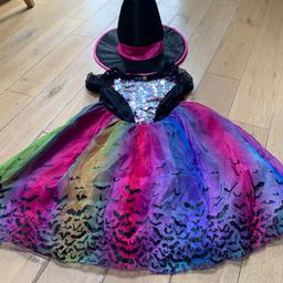This is used but only worn once. I bought from Sainsburys last year it has a multi coloured skirt with velvet short sleeve top with 2 way sequin on front and bats on the bottom of the skirt -also comes with hat 

Based in Wilmington