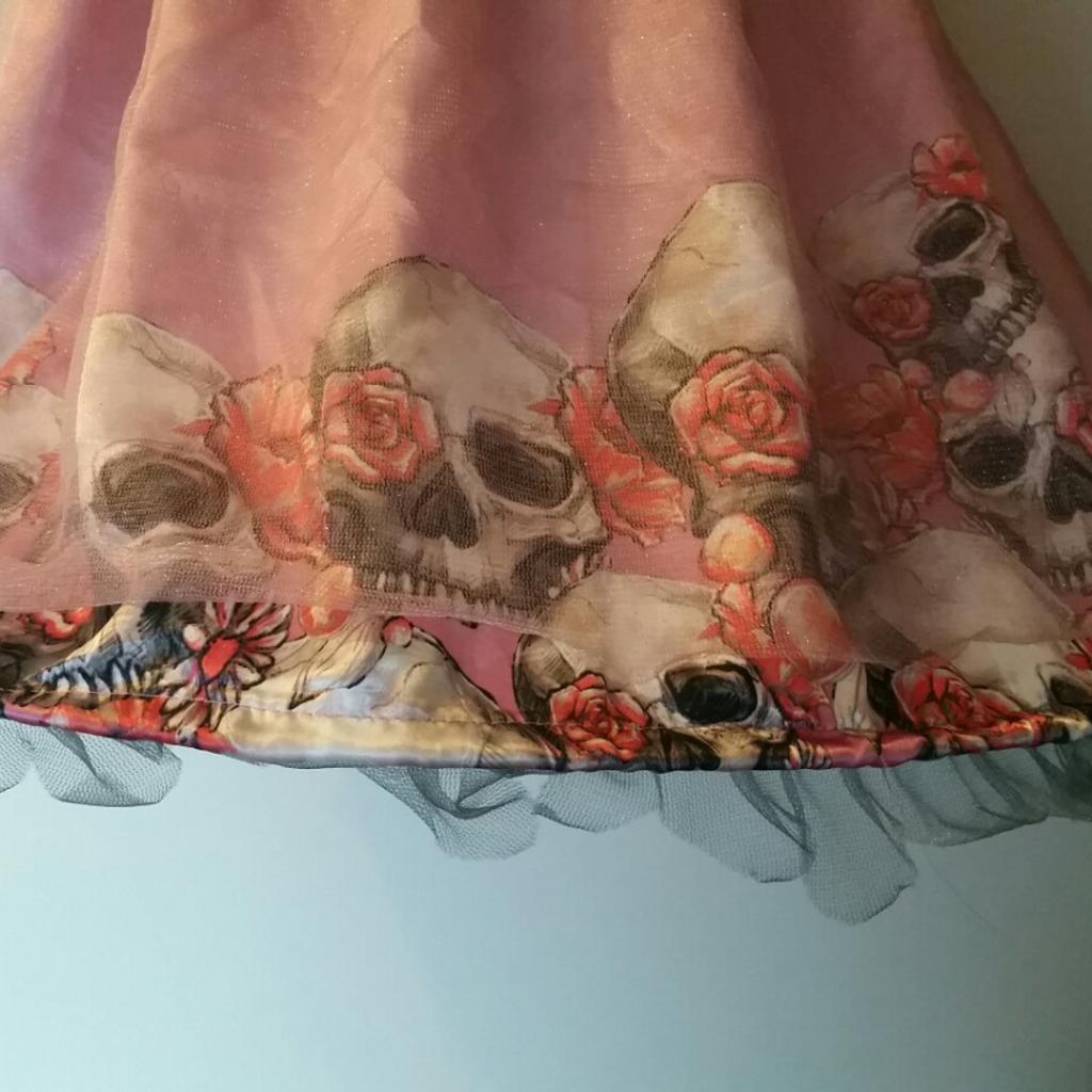 GIRLS PINK HALLOWEEN PARTY HOOP DRESS.
SKULLS & ROSES.
'MISS ZOMBIE PROM QUEEN' RIBBON ON THE BACK.

VELVET AND NETTING STYLED DESIGN WITH BOTTOM HOOP LONG SKIRT AT THE BOTTOM.

WORN ONLY ONCE.