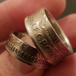 Half Crown and Two Shilling Coin Rings
Various Dates Available 
£15 Each
Orders taken for Christmas 😊

Collection Bolsover or can post for £3 1st Class recorded delivery for piece of mind 

pre 1945 are 50% silver and are £20