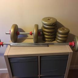 Set of barbell weights

2 x 4.5kg
8 x 2.3kg
4 x 1.1kg

1 long and 2 short barbell