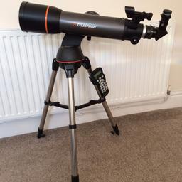 CELESTRON NEXSTAR 102SLT
Computerised telescope complete with all booklets and DVD/CD set-up.
This item has never been turned on or used.
One minor scratch where it’s been stored (see picture).
This is a brand new never used telescope which still retail at £350+.
No time wasters!