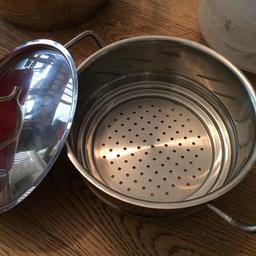 Steamer that sits on top of a saucepan. With lid.