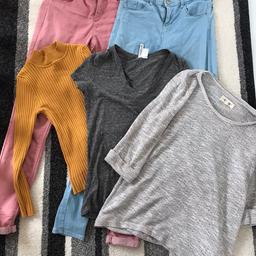 Topshop Leigh Jeans- pink 28 waist 30leg, blue 26 waist 30 leg.

Mustard jumper- size 10-12 primark

Grey jumper- size 14 (I like baggy looking jumpers) new look

Grey t-shirt- size x small H&M

They are all varied sizes as from different shops but fit me fine. I would say it would be suitable for a person fitting an 8 or 10

All in good condition from pet and smoke free home

Collection Wollaton