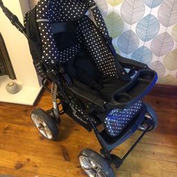 Used twice.

4 in 1 Travel System, parent and world facing push chair, carry cot insert, car seat also attaches into the pram. Fully reclining seat. Also has a matching car seat with cover.

Comes with bar attachments, and tray attachments. Also a cup holder, and a fly net. Complete with matching changing bag.

Reduced to £50

Collection only.

More pictures can be sent but only lets me upload 5.