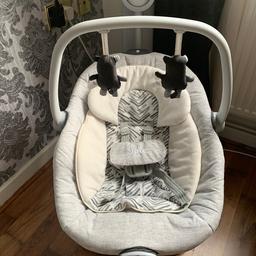 Has multiple songs and swing speeds can be side to side swing motion or back and fourth, seat can be detached to be used as a separate rocking chair, excellent condition but no longer needed