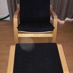Ikea rocking chair and footstool with black removable cushions. Slightly scratched on feet of rocker but doesn’t effect the chair at all. Collection only.