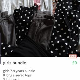 girls 7-9 years bundle
8 long sleeved tops
2 jumpers
5 leggings
collection only stapleford area
smoke and pet free home