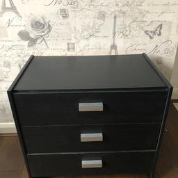 Black Ash effect
Silver handles  
3 draws 
Used condition 
Hence price 
Smoke free home