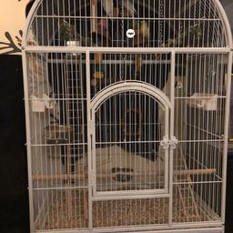 Large white birdcage with some accessories in good condition.

3 Budgies who are aged 2 years old.