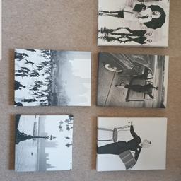 5 canvas black and white pictures.  5 large pictures 40cm x 30cm, 1 smaller picture 30cm x 30cm.  pictures originally from John Lewis. all pictures in good condition.  
Individual grey and white star picture from Asda, still in original packaging.  30cm x 30cm.