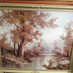 Beautiful autumn/winter landscape forest and river in wooden gold frame. Irene cafieri is signature bottom right corner. Very good condition