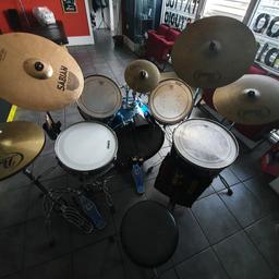 I'm selling my drum kit due to no room for them. this comes with loads of extra bits what you dont see in pic like cymbals spare snare and stand, double pedals basically 2 sets of drums. a fair few drum sticks. Bargain for the price. collection only , offers welcome