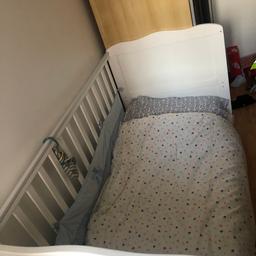 Selling this Cot bed in good condition but I’m moving and no longer need it. 
Can include mattress and duvet and sheets 
This has been used that much! 
I have the other rail so it can be put back as a cot too