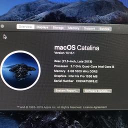 Comes with magic keyboard and mouse.
Installed the latest macOS Catalina version 10.15.1
Processor 2.7 GHz Quad-core Intel Core i5
Memory 8 GB 1600 MHz DDR3
Graphics Intel Iris pro 1536 MB

Has a small dent on the right corner as shown in the picture.