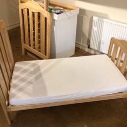 Mamas and papas toddler bed with mattress. Has the sides to convert to a cot but some bolts missing to be able to do this. Likely be able to get bolts to fit from DIY store.