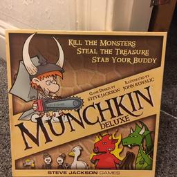 Munchkin Deluxe board game

Really unique game! 

3 to 6 players
Ages 10+

“Go down in the dungeon. Fight every monster you meet. Stab your rivals in the back and steal their stuff. Grab the treasure and run!”

Used condition

All pieces there except one black stand used to hold a counter (photographed above) - would only be used if 6 people were playing and not essential to play

Box has some damage (photographed above), no damage to game itself

Collection from Plympton (PL7)
Smoke & Pet free