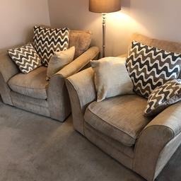 2 very good condition beige armchairs with cushions need to make room for new sofa hence the very cheap price,very chunky and comfortable chairs,the arms do un bolt for easier transporting sale ASAP now