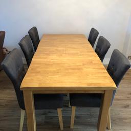 Beautiful wood extendable dining table and six dark grey detailed chairs. 

COLLECTION ONLY FROM SWANLEY
