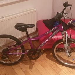 20 inch wheel purple apollo girls bike from suspension ,gears as can see by pictures only thing is the bit of the rubber has come off the handles on both thease can be replaced but in excellent condition