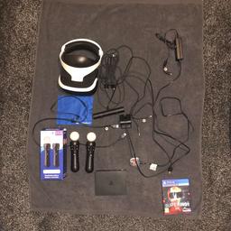 PlayStation VR in full working order and in overall good condition with only a mere small scratch on the face plate. VR comes with 2 move controllers (V2) but no charging wire for controllers is included. Also comes with a PlayStation camera and a PlayStation micro fiber cloth and comes with the game “super hot VR”