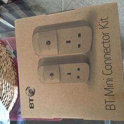 This is a brand new sealed in box, never opened product, MRP £89.99, on sale for only £50. 2x available for sale and both are brand new in box.

The BT Mini Connectors allow you to connect your BT TV box to your BT Hub.

They work with all our Hubs, without having to run an Ethernet cable all the way around the home. They do this by sending your broadband signal through the electrical wiring in your home.
They also have a power socket on the front, so you don't lose a plug socket on your wall.