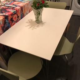 Ikea Style White Dining Table and 4 Chairs With Chrome Frames. Condition is Great!!!

Fabulous white wooden dining table or with four gorgeous chairs in sage green.
Great condition and would suit any home, dining or kitchen rooms.

Grab a Bargain.

Measurements are:
Width 28”
Length 44”
Height 30”

Please see my other items.