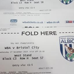 2 X WBA tickets for tonights game against Bristol at the Hawthornes
Selling due to not being able to attend.
Good seats next to each other
£30ono