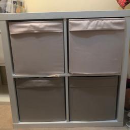 3 white ikea kallax 4x4 shelving unit
8 Drona storage box
2 kallax insert with door (already built in)

Kallax unit has some scratches from moving 
Still in very good condition

Selling kallax set for £50