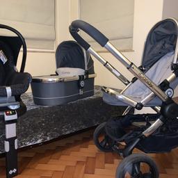 Good condition

Pram perfect condition 
Pushchair perfect other than a few tiny scratches at foot area.. (in photo) barely noticeable 
Car seat. Fantastic condition and the iso family base is a added extra as we had two car seats and bases. 
Chassis common scratching in areas due to being stored in the boot of the car. (Photographed also)