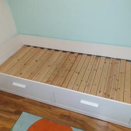 hi I'm selling our IKEA Brimnes day bed in white. It comes with the recommended ikea foam mattress too. the bed can be converted from a single into a double within seconds. comes with two big drawers too. no damage and in very good condition. even better its dismantled so ready to go.

Length: 205 cm

Width: 86 cm

Height: 57 cm

Width of drawer (inside): 87 cm

Depth of drawer (inside): 53 cm


**retail price £165 for bed
**retail price £80 for mattress
