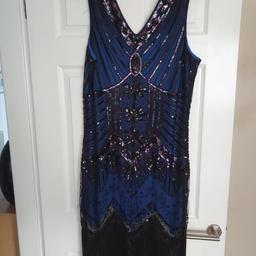 Full of detail and lots of sparkly sequins stunning 1920s Blue Great Gadsby dress, wrong size ordered L 14 -16