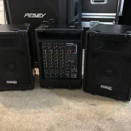 All in one pa system, amplified mixer with speakers and leads, all clips together with wheels on so can be transported like a suitcase, fair condition good working order