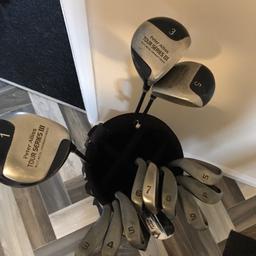 Full set of Peter Alliss tour clubs. 1,3,5, woods. 3,4,5,6,7,8,9 PW & SW putter. Carrying bag and shoulder strap. Balls & tees included. Good grips, well used. New set forces sale.