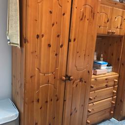 Solid pine 3piece wardrobe with hanging rail and shelf’s. 4 draws with mirror and opening cupboard. Original price £500.00 reduced for quick sale £100.00 Ono