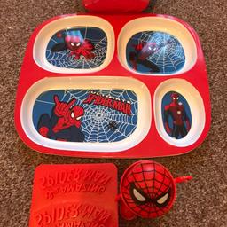 Spider-Man plastic dinner tray with plastic egg cup spoon and toast cutter along with avengers dish