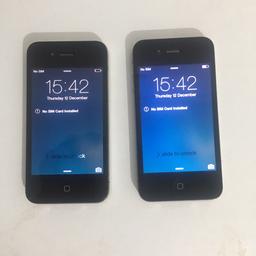iPhone Job lot x 2 working condition 

1) iPhone 4 16GB Unlocked Black

2) iPhone 4 8GB EE Network Black 

All are used mobiles but fully functional
No accessories only mobile

** No returns accepted and time wasters please **