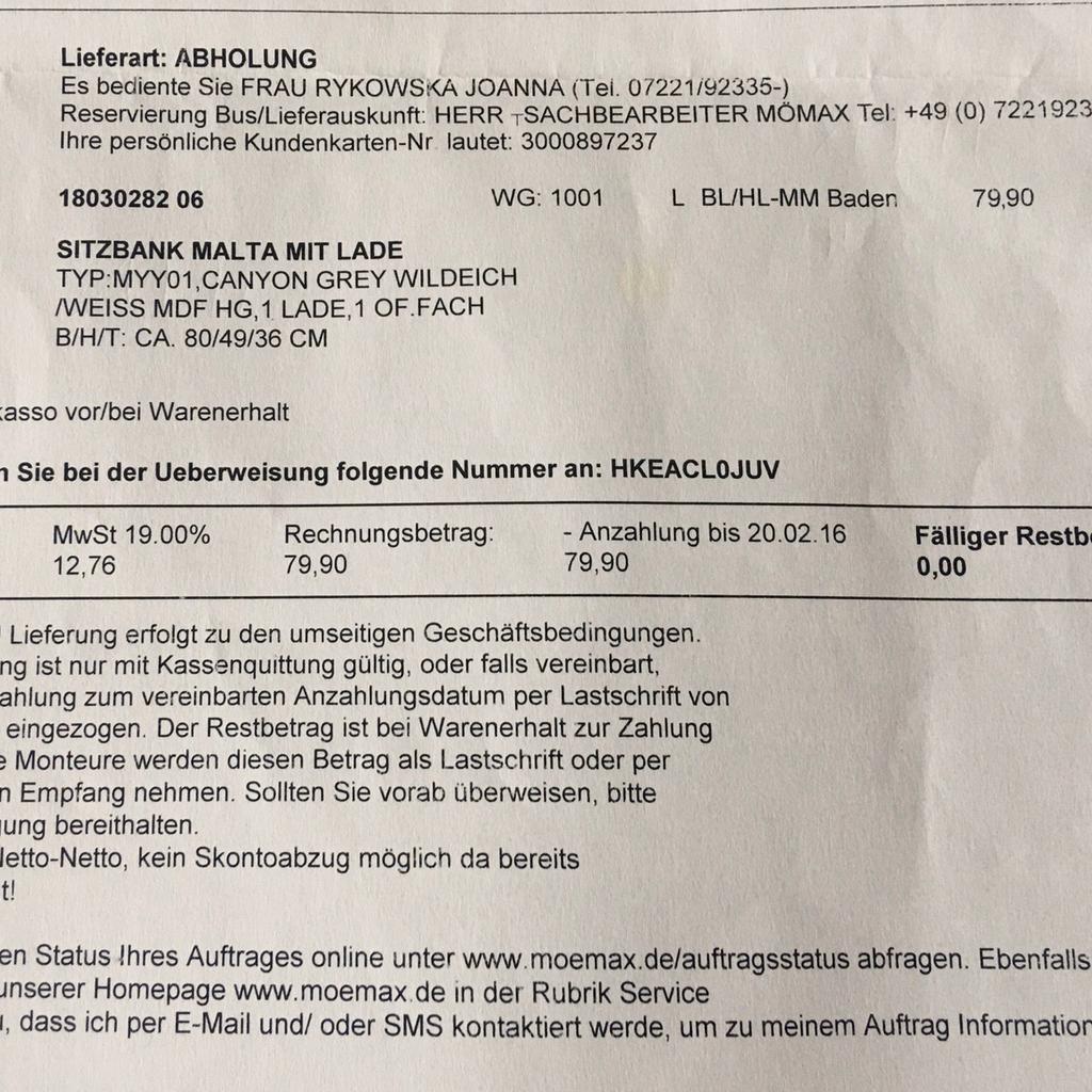 Sitzbank MALTA Weiß/Eiche mit Lade (Mömax) in 76530 Weststadt für 48,00 € zum Verkauf