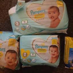 pampers premium protection nappies
43 size 2 nappies - the pack of 31 are unopened.
47 size 3 nappies - pack has been opened but none used
7 huggies little swimmers nappies size 2-3

too small for daughter so need gone asap