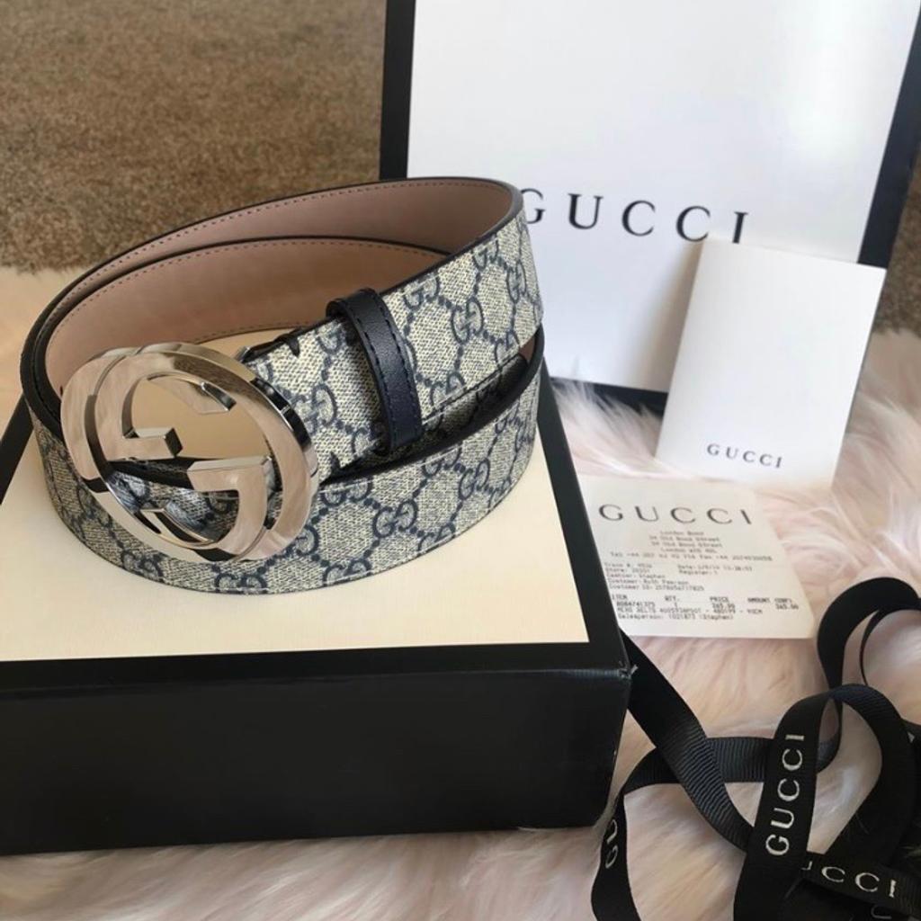 Here for sale is New Mens Gucci Genuine GG Supreme belt with G buckle, it comes complete in a box with belt, dust bag, warranty card, box, shopping bag and proof of purchase ! RRP £265

belt will fit waists 30”inch to 34”inch,