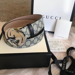 Here for sale is  New Mens Gucci Genuine GG Supreme belt with G buckle, it comes complete in a box with belt, dust bag, warranty card, box, shopping bag and proof of purchase ! RRP £265

belt will fit waists 30”inch to 34”inch,